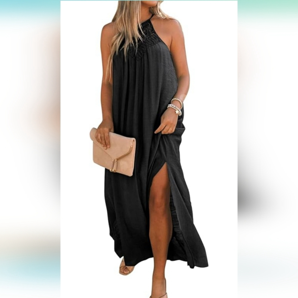 Sleeveless Long Dress Boho Halter Maxi Dresses Casual Loose Sundress with Pocket - Picture 8 of 9